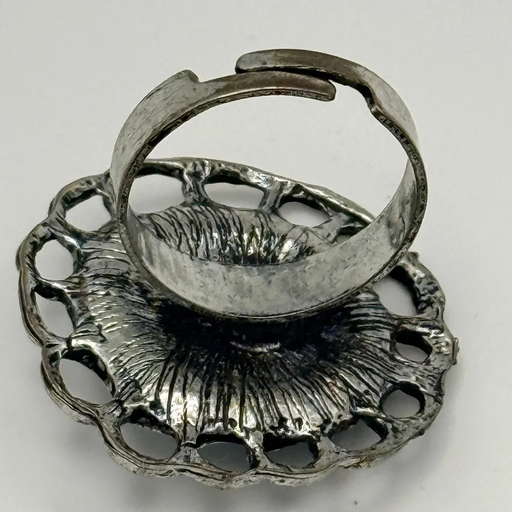 Vintage Silver Tone Faux Turquoise Adjustable Statement Ring Boho Southwestern